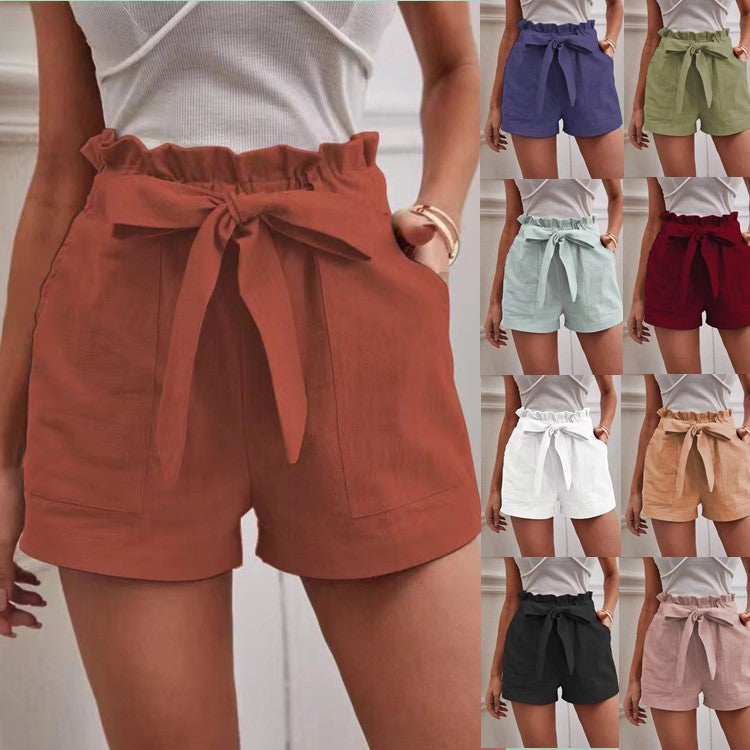 Women Casual Solid Color High Waist Bowknot Lace-Up Loose Shorts