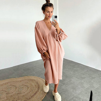 Women Fashion Casual Sexy V-Neck Long Sleeve Home Nightdress