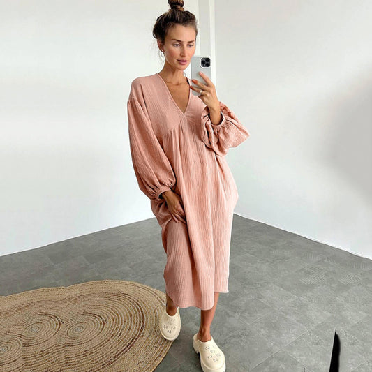 Women Fashion Casual Sexy V-Neck Long Sleeve Home Nightdress