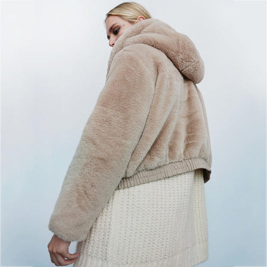 Chaqueta de felpa de color liso con capucha de piel sintética informal de invierno para mujer