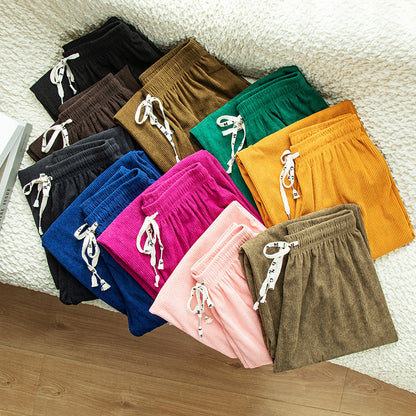 Women Loose Casual High Waist Solid Color Corduroy Wide-Leg Pants