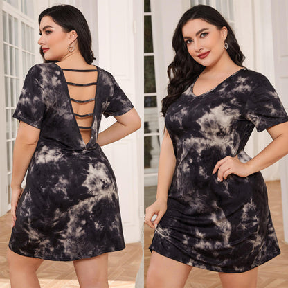 Plus Size Women Casual Loungewear Tie-Dye Print Backless Short Sleeve Dress