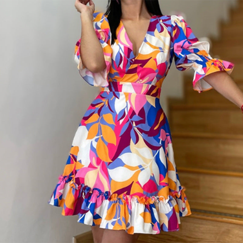 Women Fashion Office Chic Eleganr V Neck Leaf Print Ruffled Short Sleeve Casual Dress