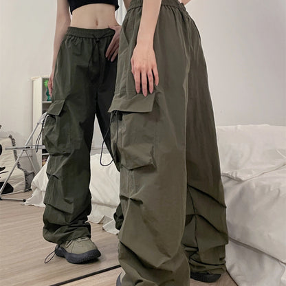 Retro Casual Women Straight Loose Wide-Leg Solid Color Side Pocket Cargo Pants