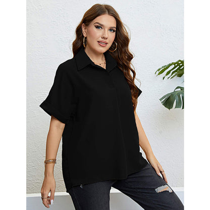 Casual Plus Size Women Solid Color Summer Polo Collar Chiffon Shirt Lapel Short Sleeve Blouse