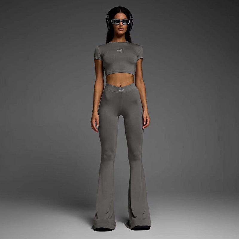 Conjunto de dos piezas de top y pantalón de manga corta de color liso informal para mujer