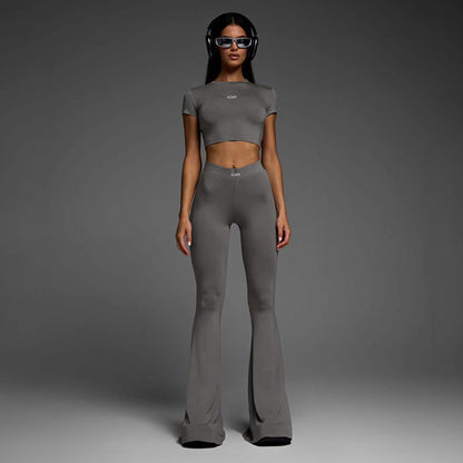 Conjunto de dos piezas de top y pantalón de manga corta de color liso informal para mujer
