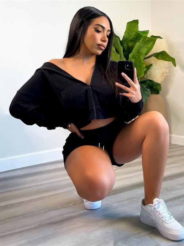 Women Fashion Casual Solid Color Long-Sleeve Hooded Drawstring Shorts Two-Piece Set