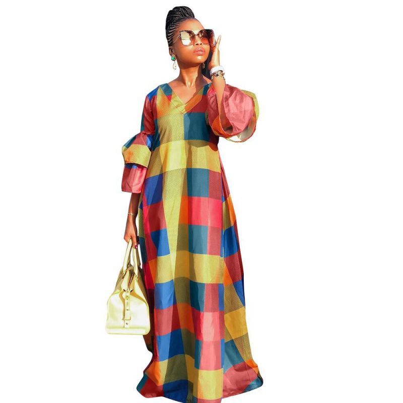 Fashion Women Casual Elegant Multicolor Plaid V Neck Long Lantern Sleeves Long Maxi Dress