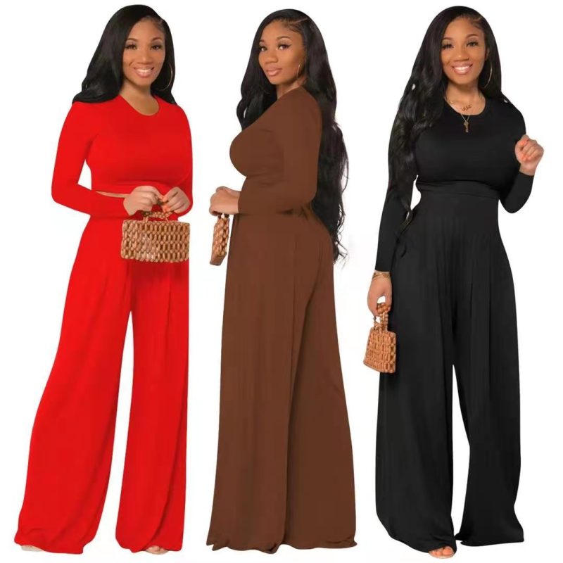 Conjunto de dos piezas de top de manga larga y pierna ancha informal de color liso para mujer