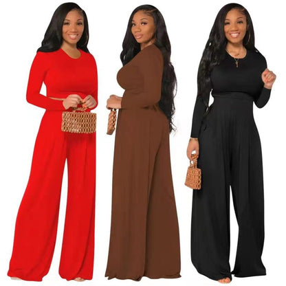 Conjunto de dos piezas de top de manga larga y pierna ancha informal de color liso para mujer