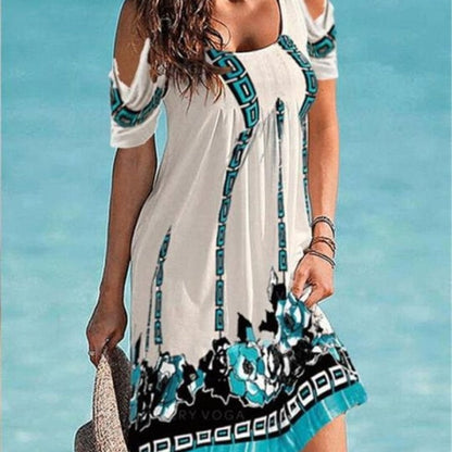 Women Fashion Sunflower 3d Digital Printing Casual Coo-Shoulder U Neck Dress