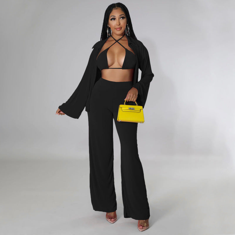 3pcs/Set Women Casual Solid Color Bikini Long Sleeve Top And Wide-Leg Pants