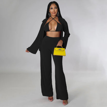 3pcs/Set Women Casual Solid Color Bikini Long Sleeve Top And Wide-Leg Pants
