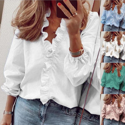 Blusa informal con cuello en V y mangas farol con volantes para mujer