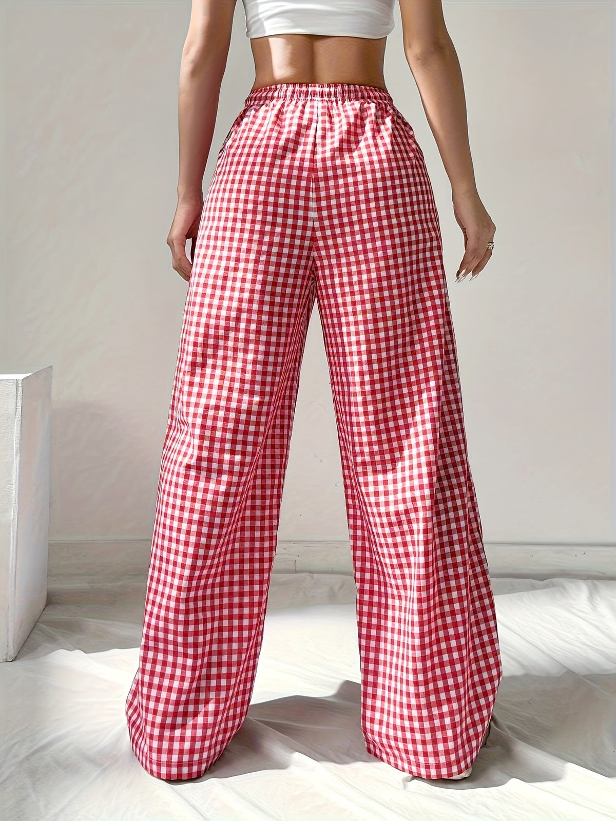 Women Casual Loose Pink Plaid Lace-Up Pants