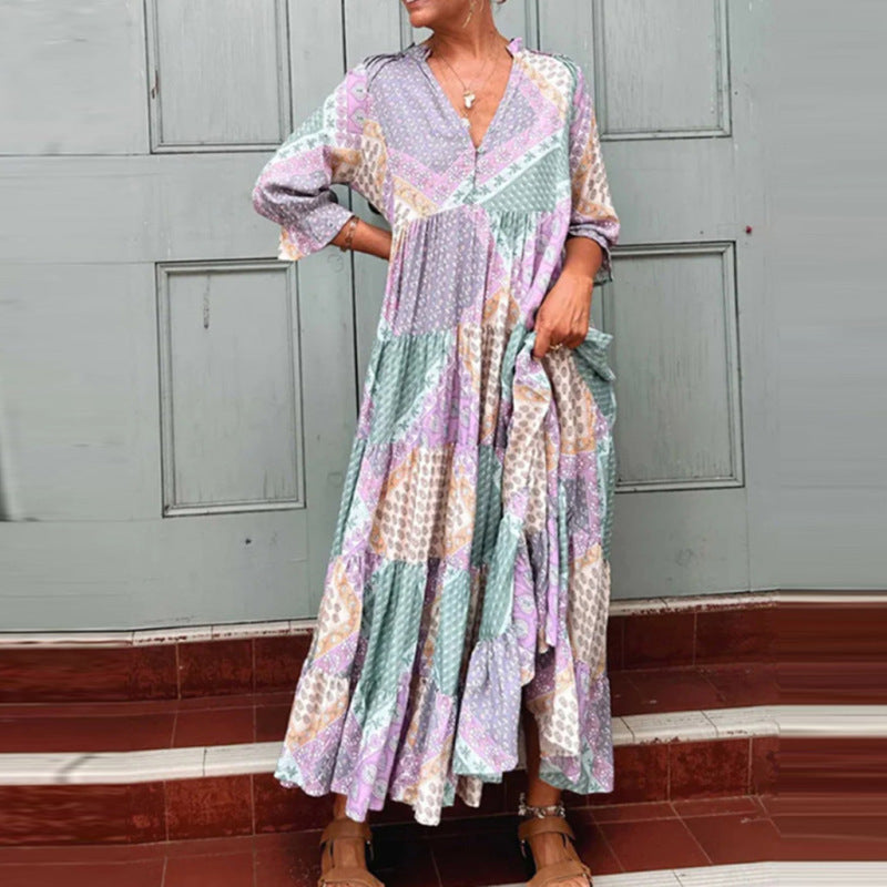 Summer Women Fashion Casual V-Neck Geometric Print Long Sleeve Maxi Dress