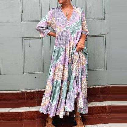 Summer Women Fashion Casual V-Neck Geometric Print Long Sleeve Maxi Dress