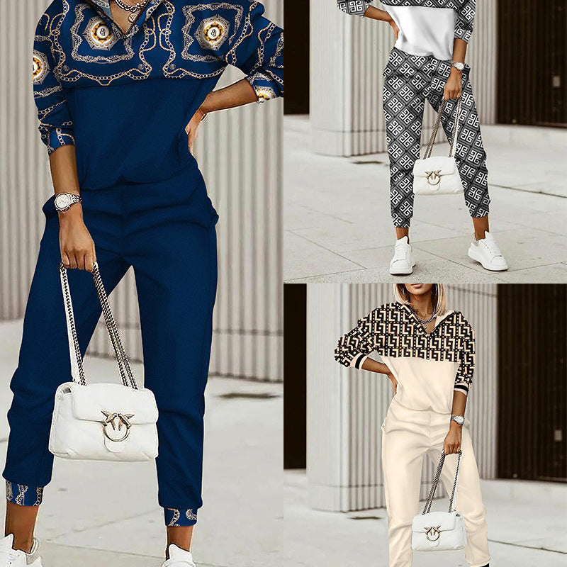 Conjunto informal de top y pantalón de manga larga con estampado geométrico colorido para mujer