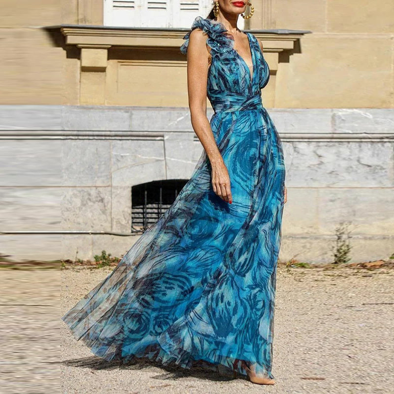 Summer Bohemian Vacation Women Casual Mesh Floral Maxi Dress