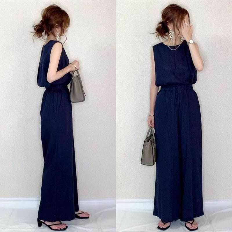 Conjunto de dos piezas formado por top y pantalón sin mangas, informal, de color liso, para mujer