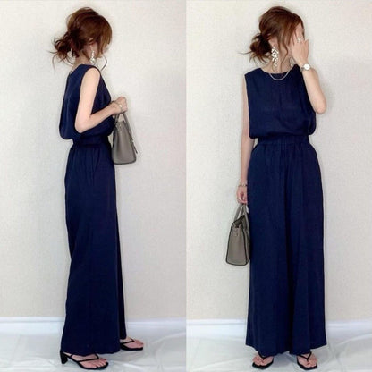 Conjunto de dos piezas formado por top y pantalón sin mangas, informal, de color liso, para mujer