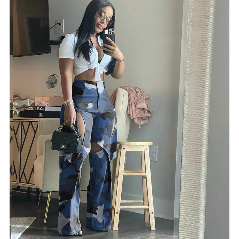 Women Fashion Casual Printed Cut Out Defined Waist Pants