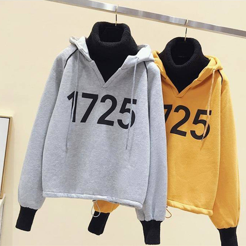 Sudadera con capucha de cuello alto y parches con estampado digital informal a la moda para mujer