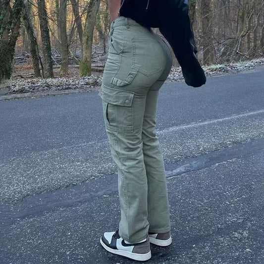 Pantalones ajustados informales de color liso con múltiples bolsillos y muy elásticos para mujer