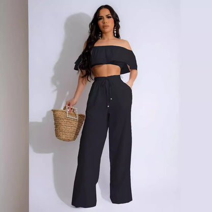 Women Fashion Casual Ruffled Off Shoulder Crop Top Drawstring Pants Two-Piece Set