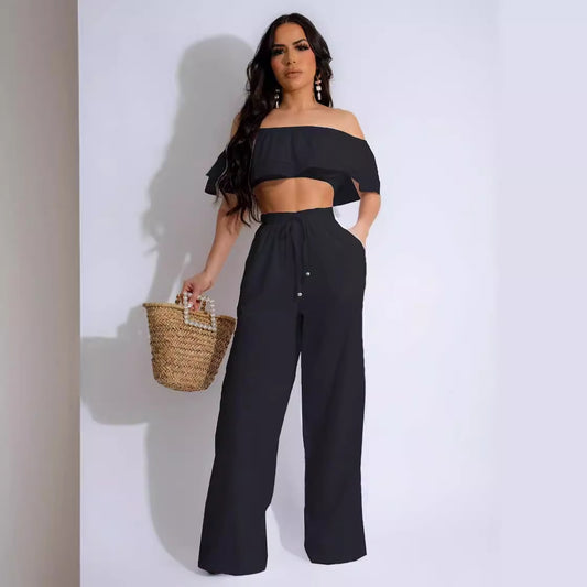 Women Fashion Casual Ruffled Off Shoulder Crop Top Drawstring Pants Two-Piece Set