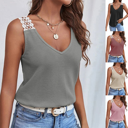 Camiseta sin mangas informal de verano para mujer con diseño de gofres y encaje de color liso