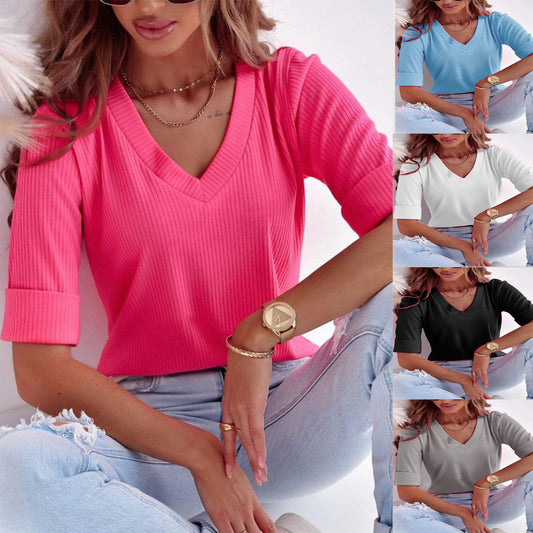 Women Casual Solid Color V-Neck Threaded T-Shirt