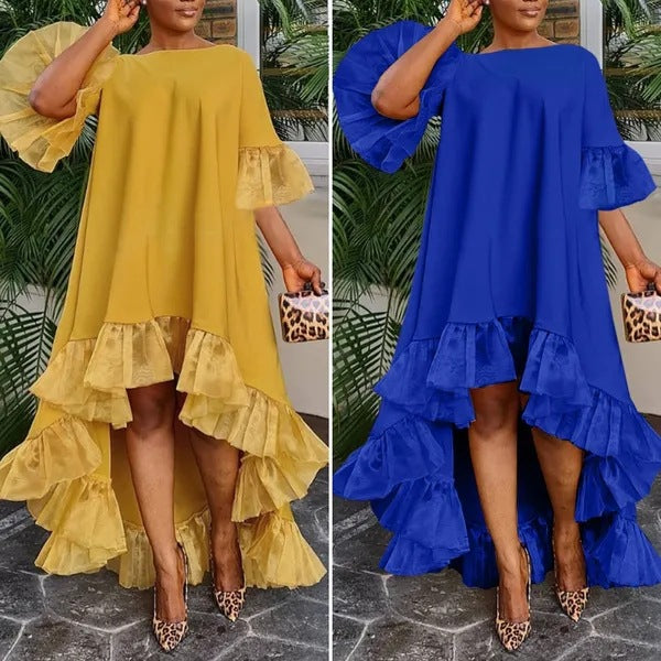 Women Plus Size Casual Mesh Stitching Irregular Hem Dress