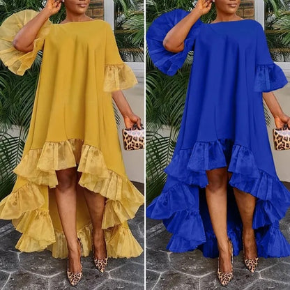 Women Plus Size Casual Mesh Stitching Irregular Hem Dress