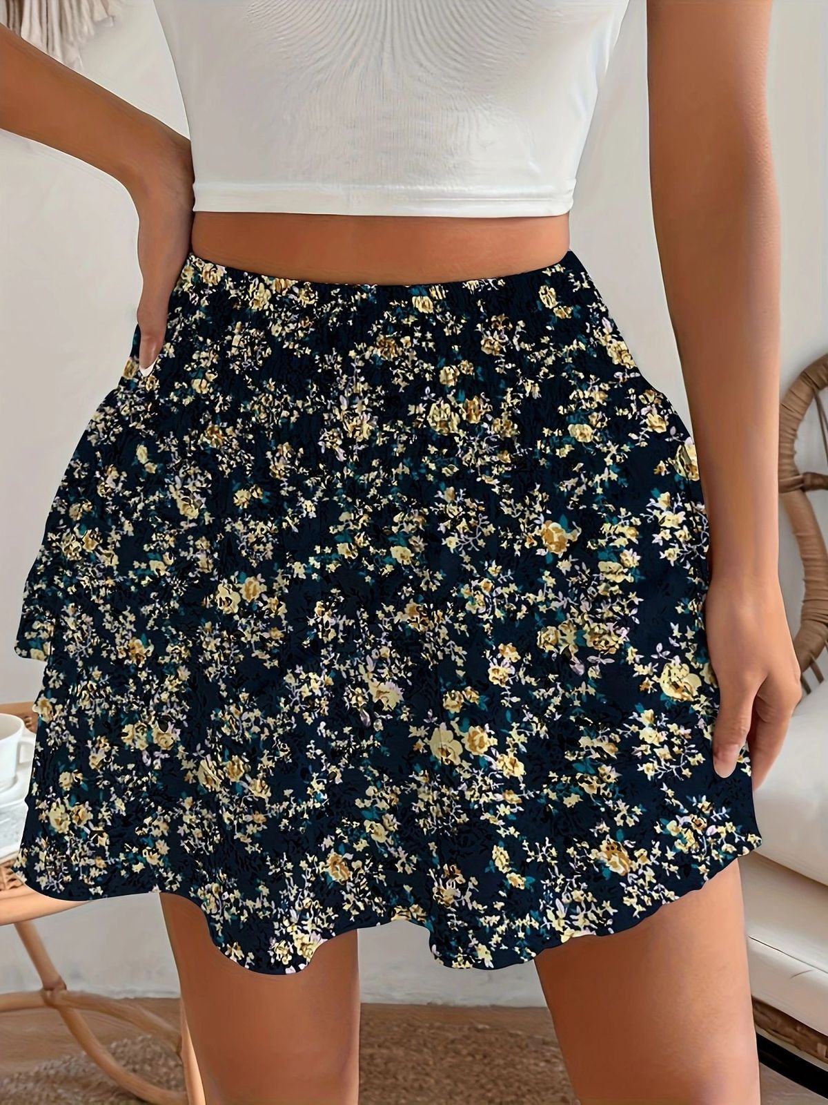 Women Fashion Casual Floral Printed High Waist Skirt