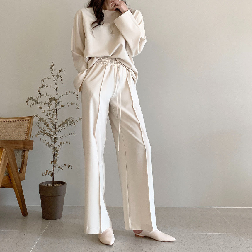 Women Fashion Casual Solid Color Loose Long Sleeve Top Drawstring Pants Two-Piece Set
