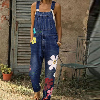 Women Fashion Casual Floral Printed Pocket Denim Overalls