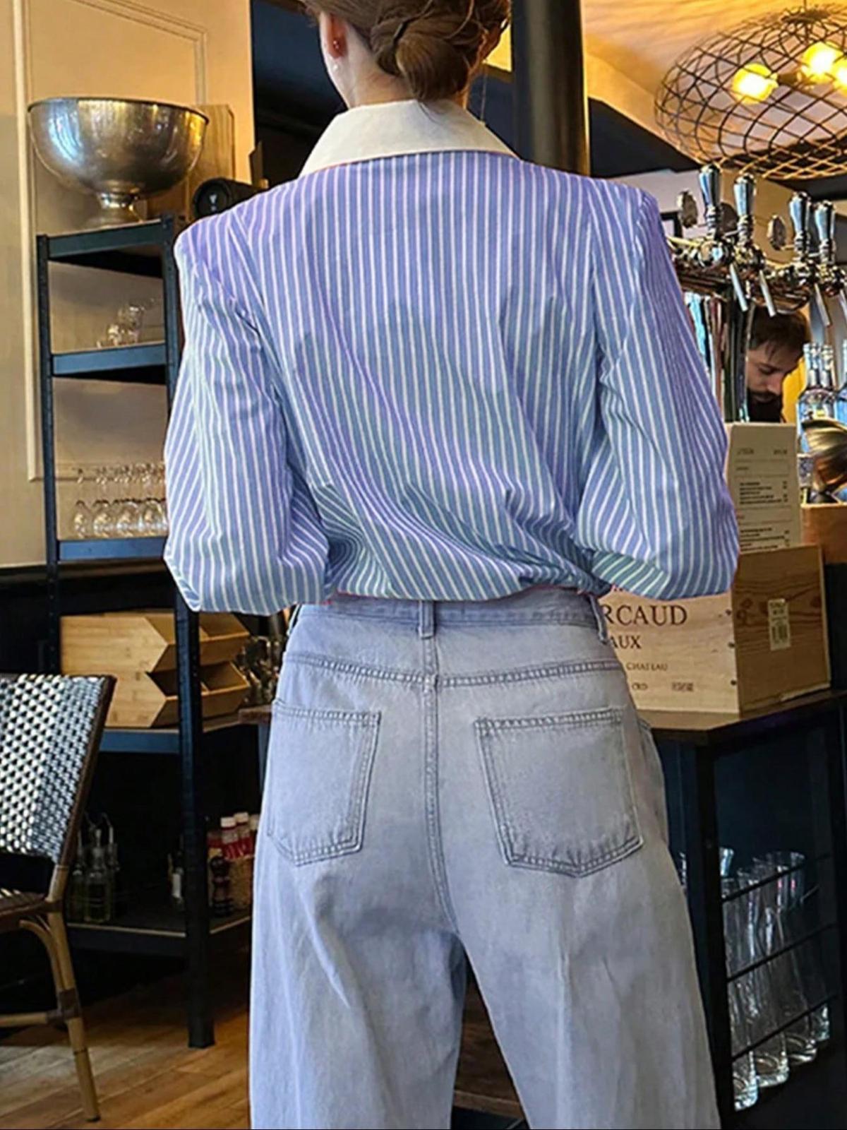 Blusa informal de manga larga con solapa y rayas para mujer