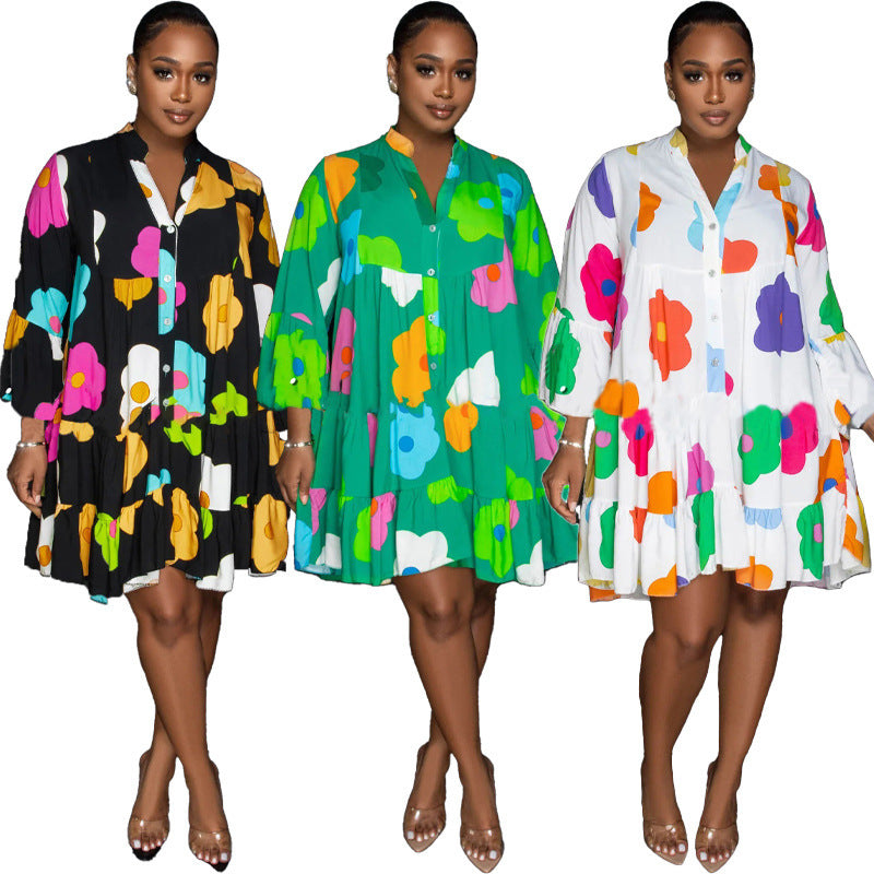 Vestido informal de manga larga con estampado floral y botonadura sencilla para mujer