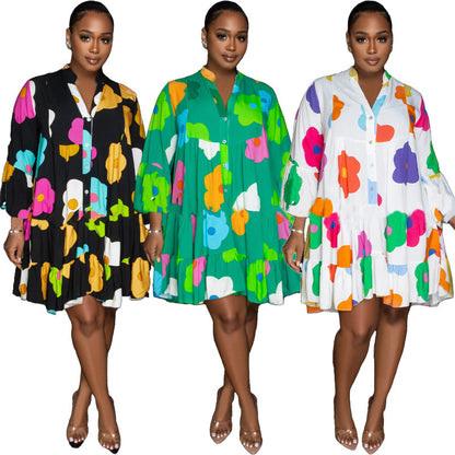 Vestido informal de manga larga con estampado floral y botonadura sencilla para mujer