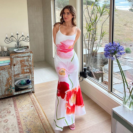Women'S Casual Floral-Print Halter-Back Maxi Dress