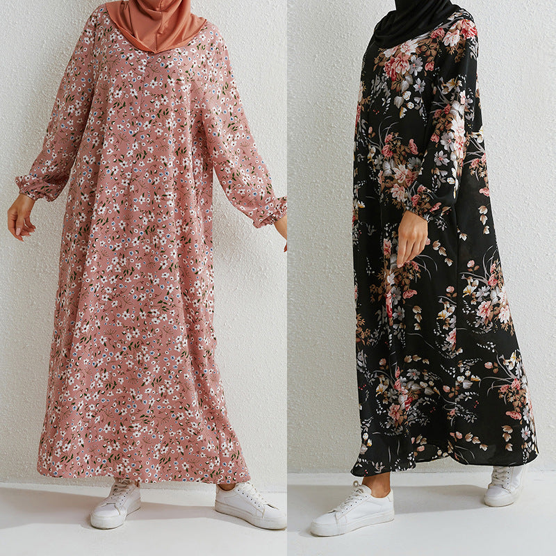 Vestido largo abaya informal holgado de manga larga de color liso para mujer