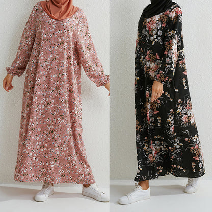 Vestido largo abaya informal holgado de manga larga de color liso para mujer