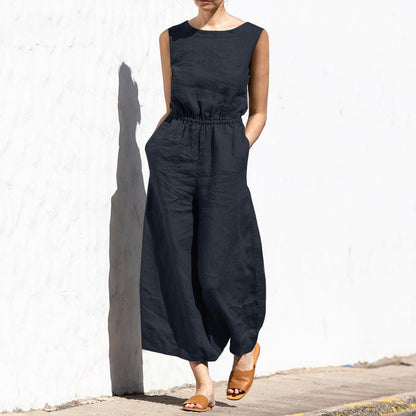 Summer Solid Color High Waist Sleeveless Women Fashion Casual Loose Jumpsuits
