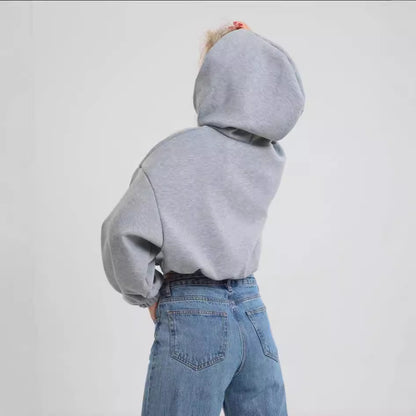 Sudadera con capucha informal de manga larga con cremallera y color liso para mujer