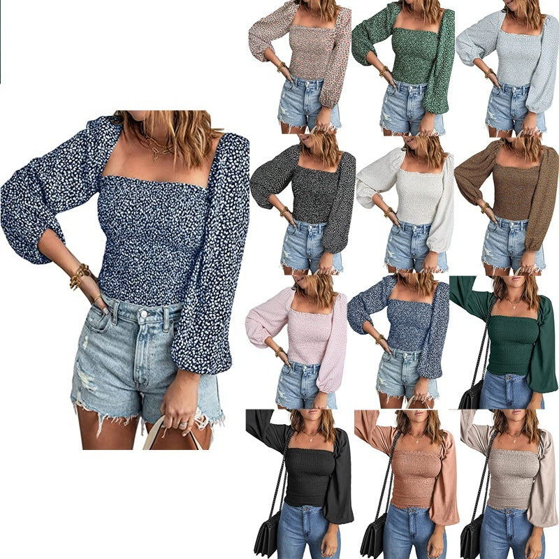 Camisa informal de color liso con cuello cuadrado y mangas abullonadas para mujer