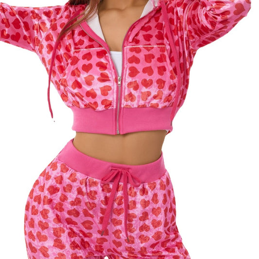 Conjunto informal de dos piezas con capucha y pantalones de cintura alta y top de manga larga con estampado de corazón para mujer