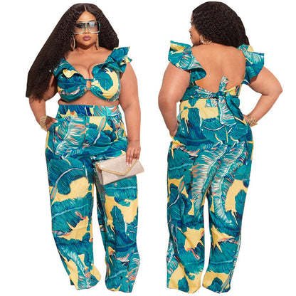 Plus Size Women Printed Casual Short Top And Pants Two Pieces Suit