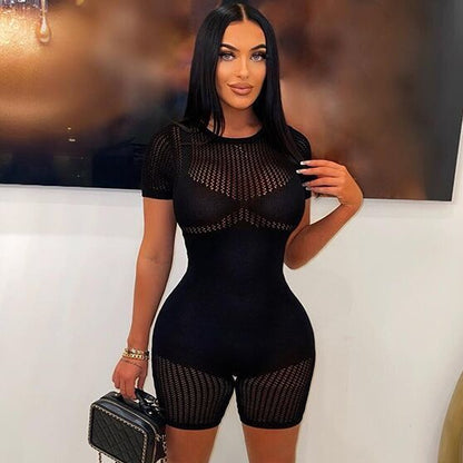 Women'S Casual Sexy Knitted Hollow See-Through Tight High-Waist Rompers